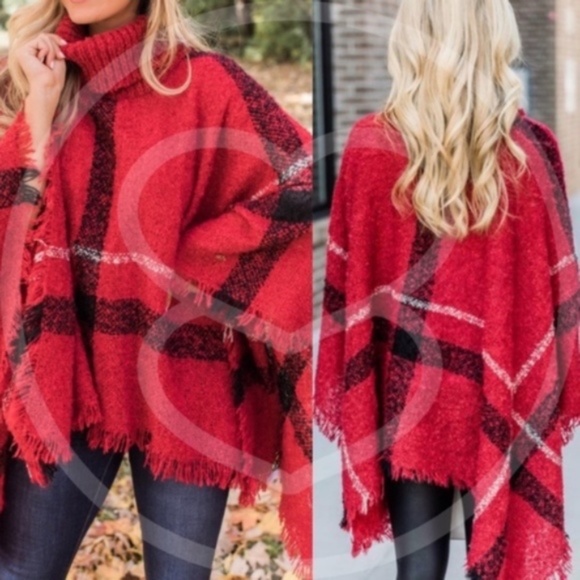 Cozy Red Turtleneck Plaid Frayed Hem Poncho - Picture 7 of 13